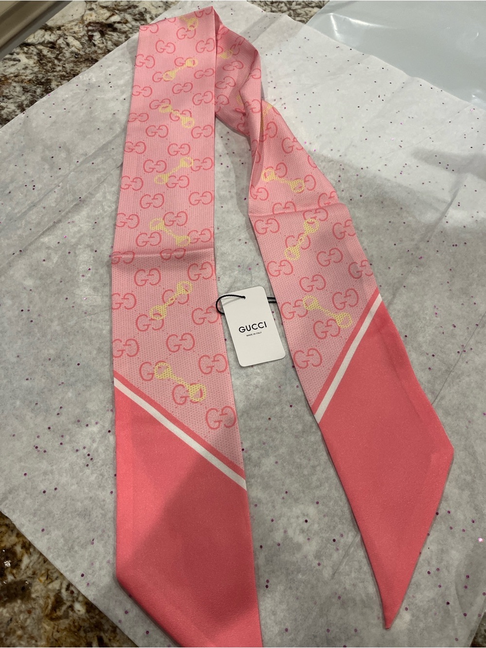 Gucci Pink Coral GG Logo Silk Twilly Scarf